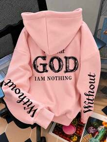 Letter Print Pattern Sweatshirt, Plus Size Women's Casual Autumn/Winter Hooded Sweatshirt. Pink - Pink - View 3