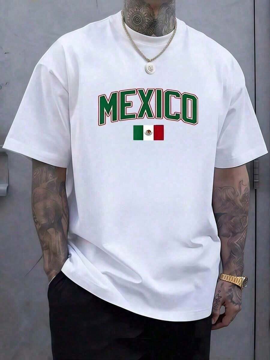 Mexican Flag With The Word Mexico In Green, Red, And White Letters, Symbolizing National Pride, Passion For Culture, And Love For The Homeland. Men's T-Shirt, Large Size, 100% Cotton. - 白色 - 查看 1