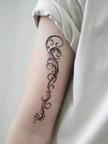 1 pieza Pegatina de tatuaje con patrón de enredadera y volutas simple y elegante, pegatina de tatuaje temporal, diseño de tatuaje realista, adecuado para viajes, festivales de música, juegos, regalos de graduación, dura de 3 a 5 días. - Negro - Ver 3