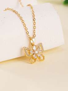 1pc Elegant Butterfly Shaped Necklace, Copper Inlaid With Clear Cubic Zirconia, Gold Tone Stainless Steel Link Chain, Women's Jewelry For Gift/Date - Multicolor - View 3