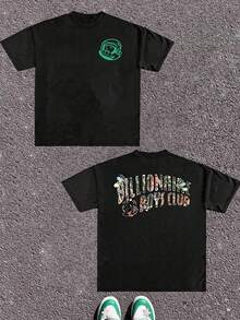 Men's Polyester Short Sleeve T-Shirt, Casual Graphic Print T-Shirt, Everyday Urban Fashion For Men, Men's Shirts, Men's T-Shirts, Men's Clothing - 黑色 - 查看 1