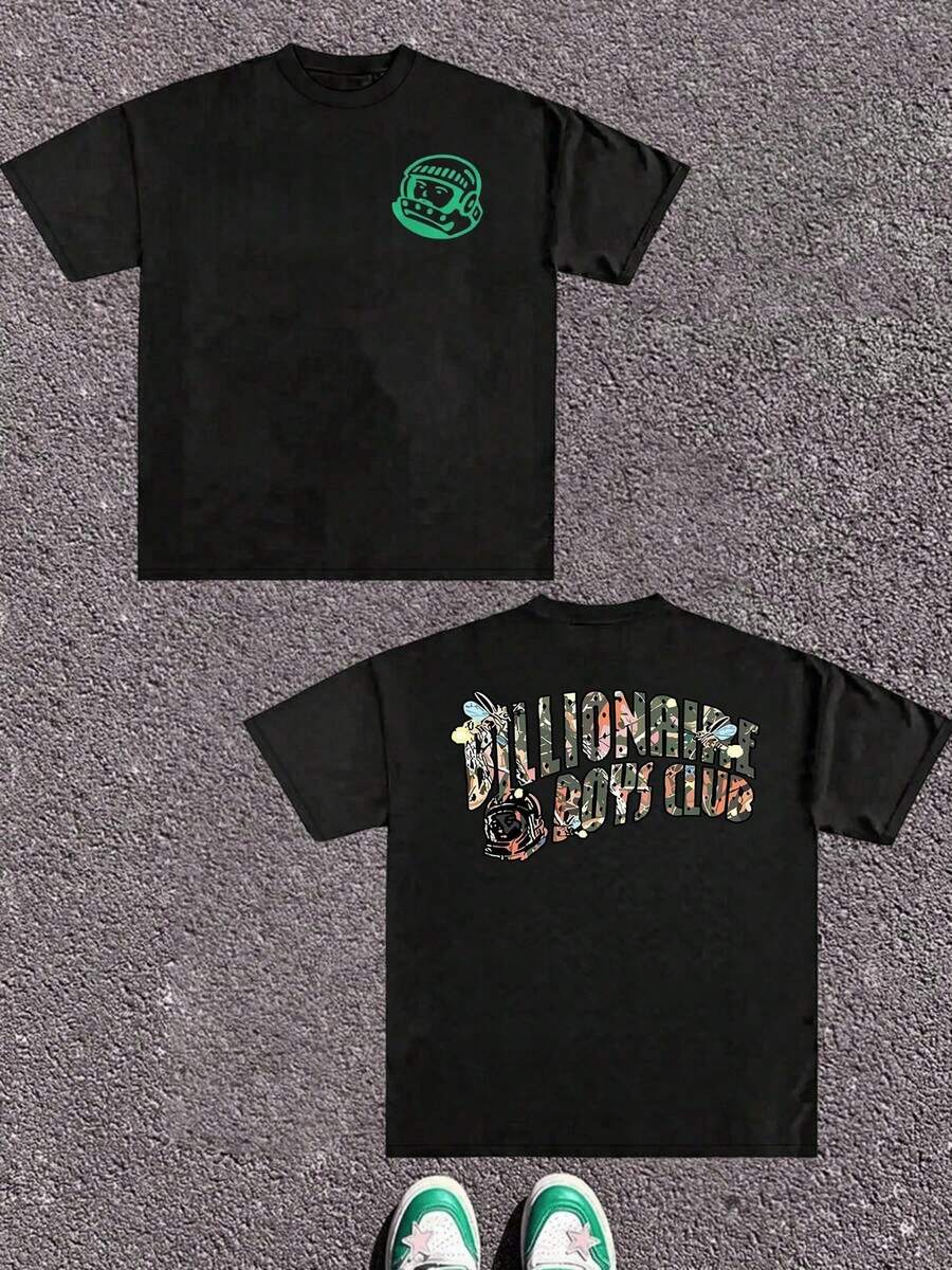 Men's Polyester Short Sleeve T-Shirt, Casual Graphic Print T-Shirt, Everyday Urban Fashion For Men, Men's Shirts, Men's T-Shirts, Men's Clothing - 黑色 - 查看 1
