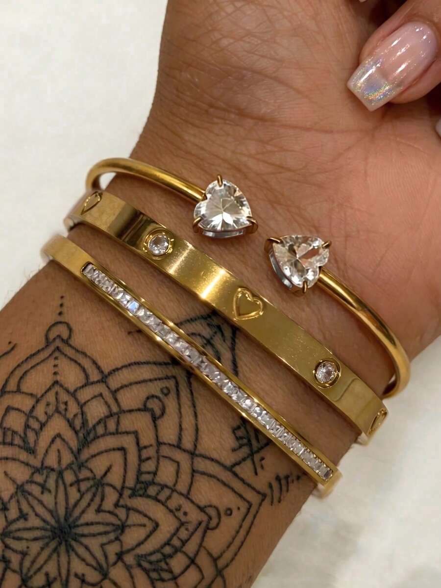 Set Gelang Berlian Imitasi Berbentuk Hati Berlapis Emas 18K dari Baja Tahan Karat, Gelang Terbuka Tembaga dengan Zirkonia Kubik, Modis untuk Pemakaian Sehari-hari dan Hadiah untuk Wanita