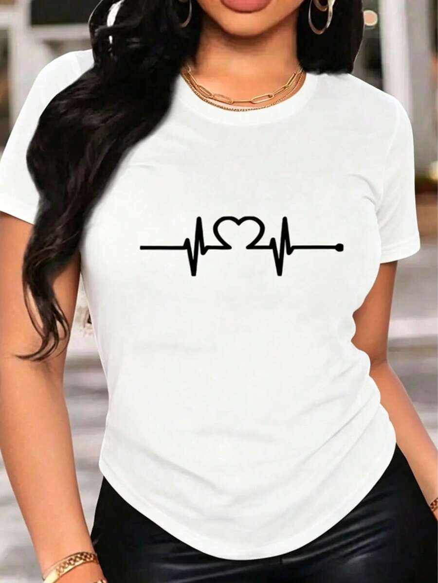 Women's Graphic T-Shirt, Long Sleeve, Round Neck, Basic, Comfortable, Cool, Lightweight, Modern, Youthful, Casual, Urban, Soft, Cool Print, Heart, Stripes, Lines, Pulse, Zigzag - 白色的 - 查看 1