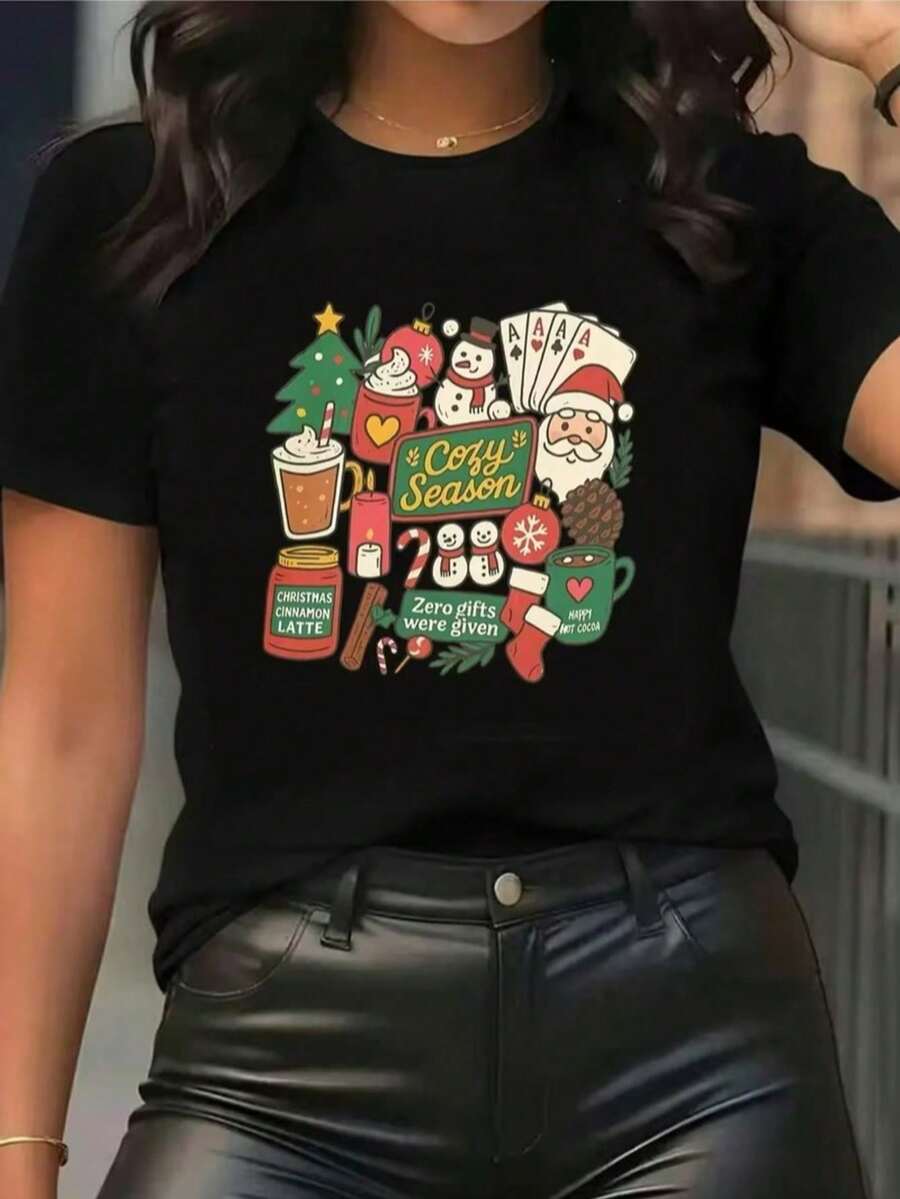 poeselle mujer Camiseta Negra de Mujer Algodón con Estampado Navideño "Cozy Season"de Elementos Festivos, Bebidas Calientitas y Santa Claus – Estilo - Negro - Ver 1