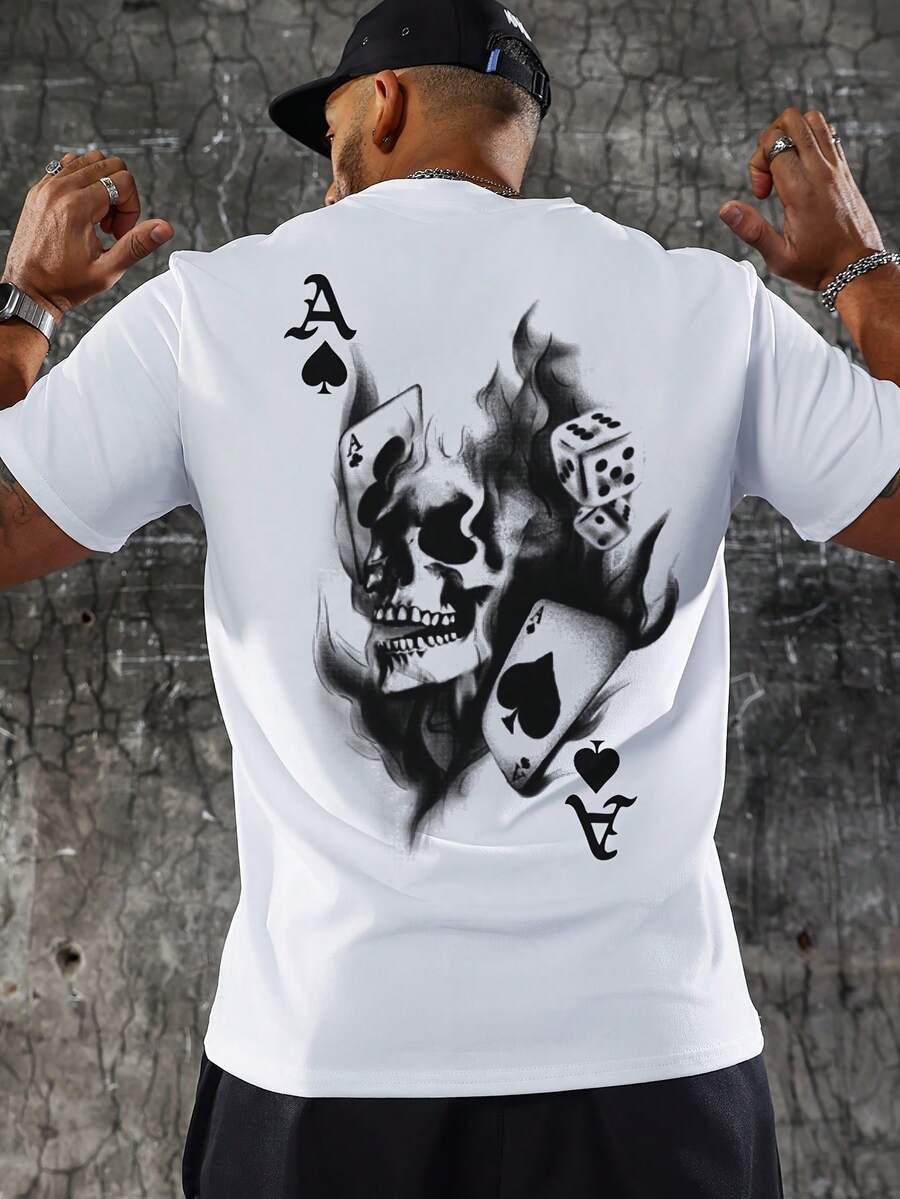 1319 #   T-Shirt da Uomo con Stampa di Cuore Rosso e Teschio - Bianco - Visualizzare 1