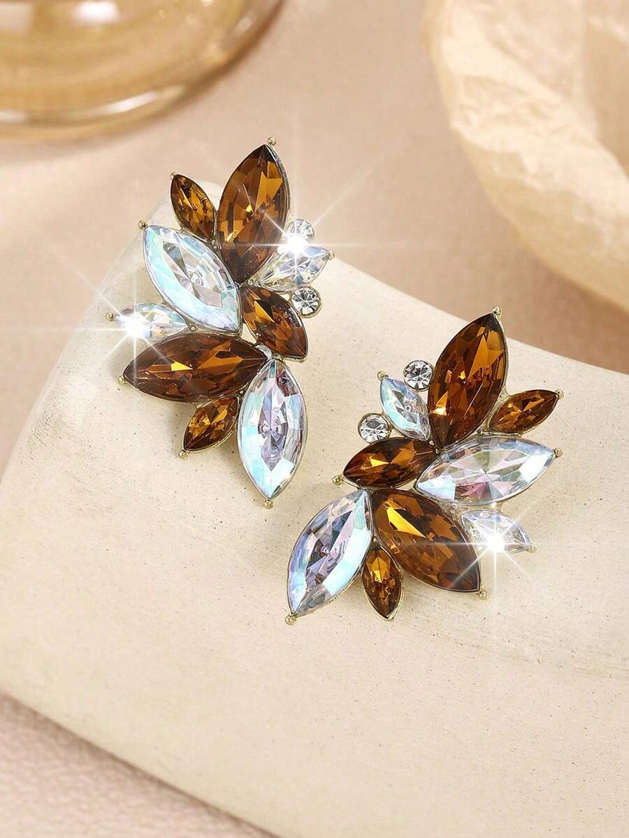 1 par de pendientes de mujer de lujo exagerados, elegantes y versátiles, de aleación bohemia con cristal y strass, de alta gama - Café blanco - Ver 1