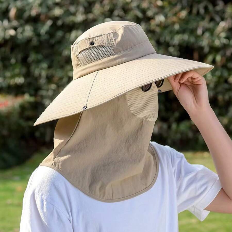 Sun Visor Hats - (Wide-brimmed Hat + Face Mask) -- Khaki - View 1