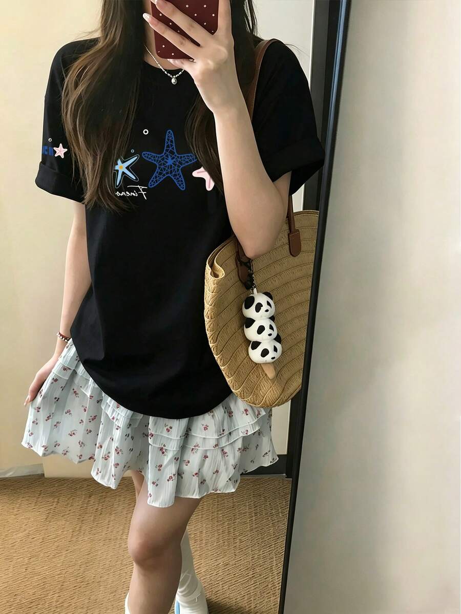 Starfish & Bubble Letter Print Slouchy Black T-Shirt For Women, Summer Short Sleeve, Niche American Retro Versatile Top Casual - Black - View 1
