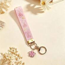 1pc Sakura Keychain, Zinc Alloy Keychain Rope, Jacquard Woven Strap Keychain, Handbag Pendant Keychain Accessory, Wrist Strap Keychain, Printed Strap Keychain, Women's Car Keychain, Women's Fashion Keychain, Women's Handbag Pendant Universal Keychain - Multicolor - View 8