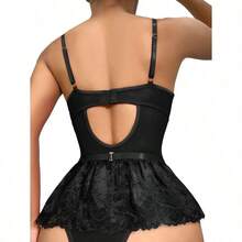 Lilosy Sexy Stocking Rhinestones Heart Garter Underwire Floral Mesh Lace Sheer Babydoll Lingerie Teddy Bodysuit Skirt Set - 甜黑 - 查看 2