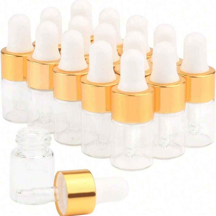 4/6/10/20/30/50入 透明玻璃精油滴管瓶 迷你1ml/2ml/3ml 香水滴瓶 化妝品試用小瓶 金色瓶蓋附白色乳膠 - 彩色 - 查看 1