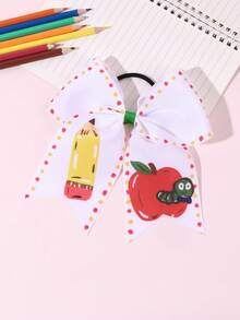 1pc White Back To School Season Girls Pencil Apple Hair Scrunchie, Cute Elastic Hair Band, School Gift, Ponytail Hair Tie, Teen Hair Accessory - White - View 4