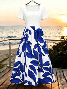 Dirp Noir Women's Early Autumn White & Klein Blue Large Leaf Plant Contrast Print Patchwork Wavy Square Neck Short Sleeve Ruched Mid-Length Drape Satin Dress, Suitable For Independence Day City Street Parade, European Town Street Photography, Light Business Afternoon Tea, Beach Casual Date, Spring/Summer Short Trip, Mexican Style - Blue and White - View 8