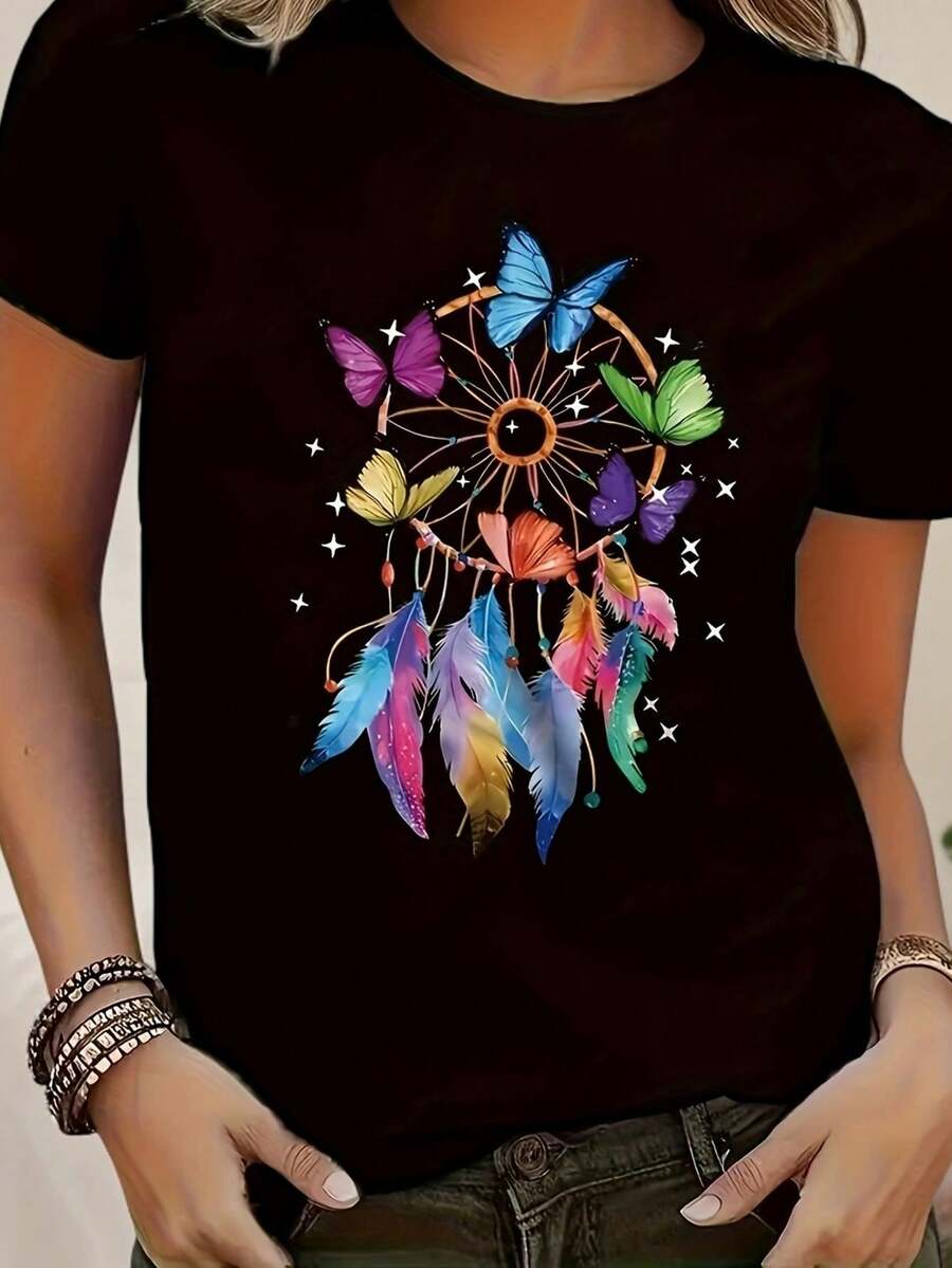 New Round Neck T-Shirt With Creative Print - Black - View 1