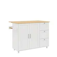 طاولة مطبخ متنقلة كبيرة L135*W44(70)*H90cm، سطح من البلوط، قابلة للطي، أثاث متعدد الوظائف، 3 أدراج، رف للمناشف، مثالية للمطبخ وغرفة الطعام والمنزل - أبيض - مشاهدة 10