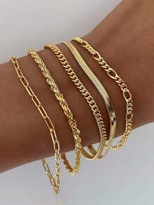 Bộ 5 vòng tay dây xích xoắn hình rắn, chống thấm nước, chống gỉ, làm bằng hợp kim kẽm, kiểu dáng thời trang mới, phù hợp cho nữ giới đeo hàng ngày, dự tiệc và làm quà tặng (Vui lòng không đeo khi tập thể dục hoặc tắm). - Vòng tay vàng năm mảnh - Xem 1