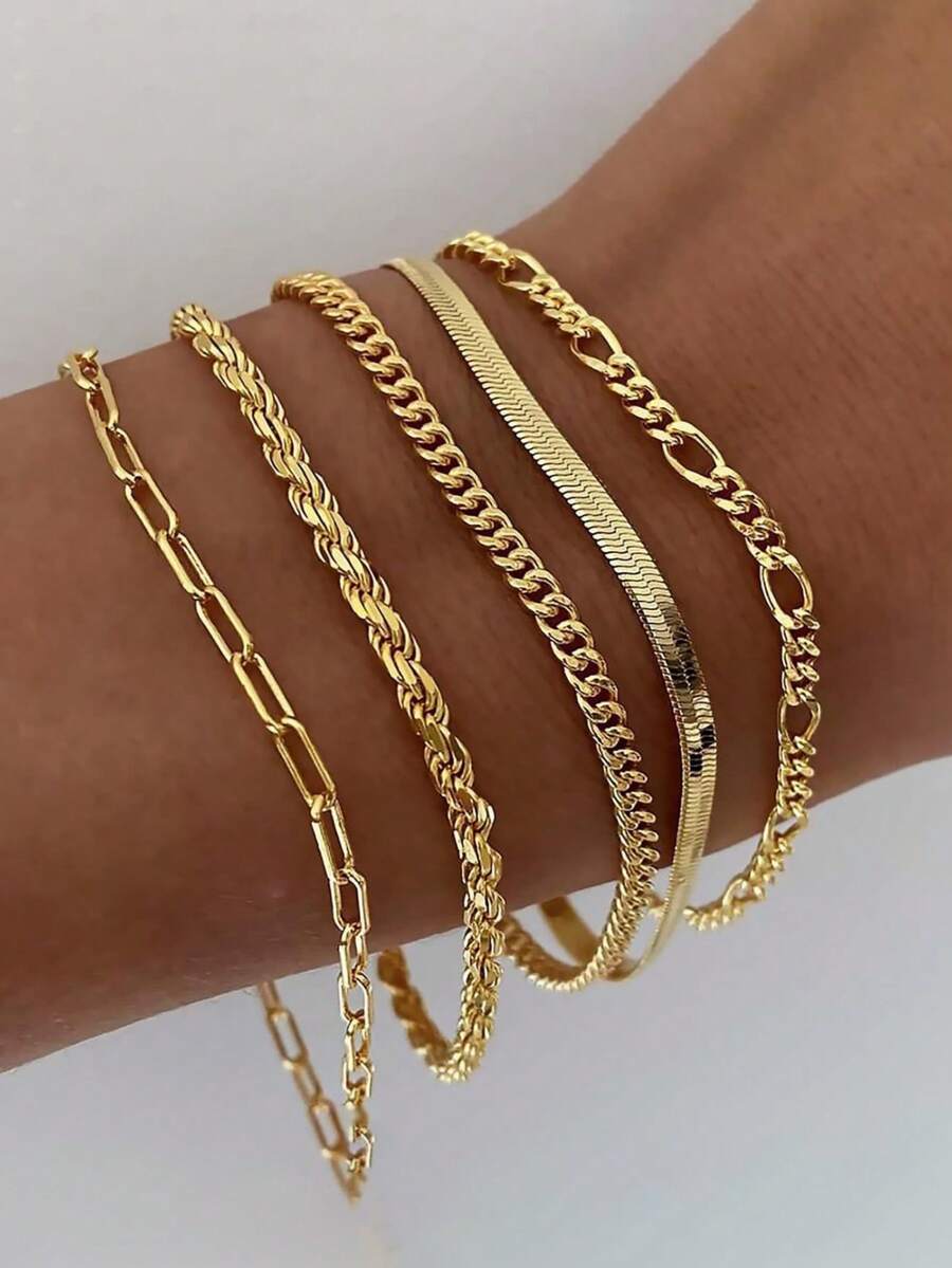 Bộ 5 vòng tay dây xích xoắn hình rắn, chống thấm nước, chống gỉ, làm bằng hợp kim kẽm, kiểu dáng thời trang mới, phù hợp cho nữ giới đeo hàng ngày, dự tiệc và làm quà tặng (Vui lòng không đeo khi tập thể dục hoặc tắm). - Vòng tay vàng năm mảnh - Xem 1