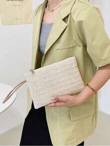 1件女款波希米亞風草編手拿包，夏季海灘編織手腕錢包附拉鍊，信封式錢包，適合度假、旅行、日常使用，女性禮物 - 白色 - 查看 4