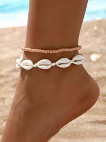 2 Summer Beach Vacation Cross Border Foot Chains Fashion Rice Beads Handmade Woven Shells Adjustable Stacked Foot Accessories - One Size Fits All 1 - View 2
