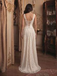 New Thick Strap Sleeveless Plastic Waist High Slit To Thigh Lace Ruffle Dress White Wedding - White - View 7