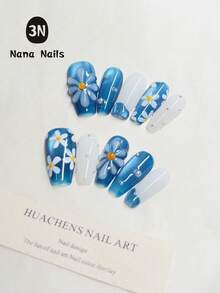 10PCS Blue Cat Eye Press On Nails | 3D Hand-Painted Little Daisy With Pearl Accents, French Tip Design | Short Coffin Nails | Summer Ocean Nail Set | Reusable Salon Quality, Suitable For Daily Wear & Gifts Handmade Press On Nails - Teal Blue - View 4