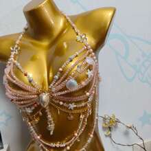 Cadena de pecho con cuentas de perlas, cadena corporal estilo chaleco halter hecha a mano, adecuada para uso en exteriores. - Azul - Ver 2