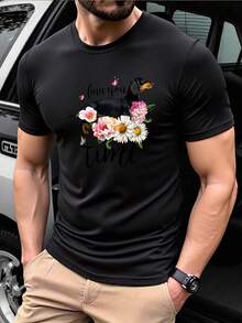 Men's Round Neck Short Sleeve, Summer Fashion Solid Color Breathable Comfortable Animal Floral Print Casual Versatile T Shirt For Daily Leisure - 黑色 - 查看 6