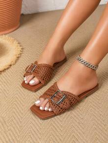 2026 New Vacation Style Bohemian Hollow Artificial Woven Breathable Buckle Mule Women's Sandals, Flat Casual Comfortable Elegant Clog Shoes, Lightweight, Breathable, Suitable For Daily Casual, Shopping, Beach, Office And Other Occasions - Brown - View 5