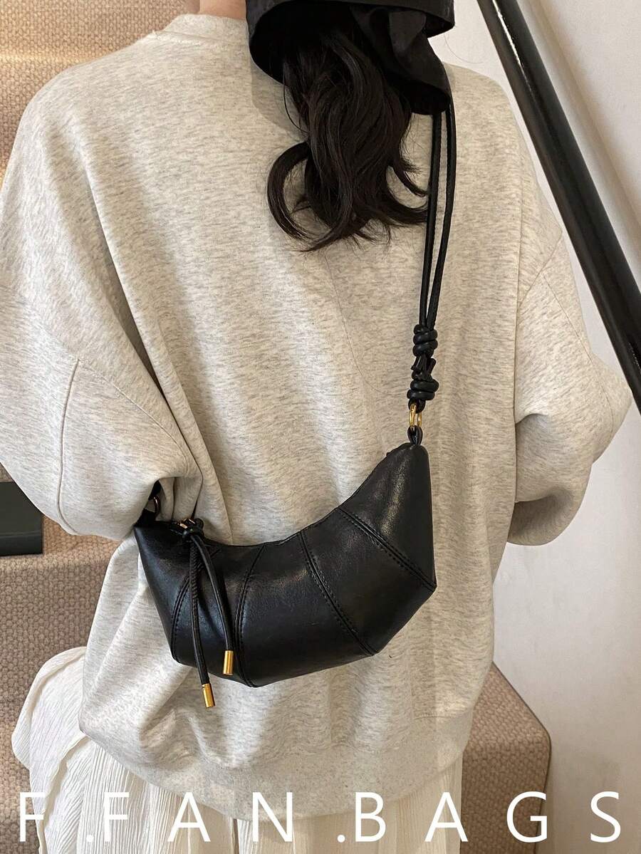女款牛角麵包包 素色百搭斜背包 小眾設計 新款通勤時尚單肩包 - 黑色 - 查看 1