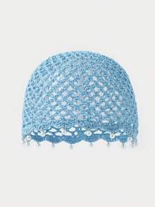 1pc Women's Cute Casual Style Fashion Hollow Breathable Handmade Woven Rhombus Pearl Decor Knitted Bucket Hat For Travel, Beach, Vacation, Photos, Daily Wear - Pearl - View 5