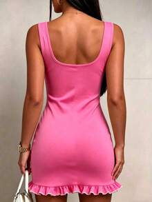 Summer Casual Lemon Yellow Ribbed Knit Fitted Mini Dress, Ruffle Hem, Elegant Women's Sleeveless Square Neck A-Line Dress, Suitable For Party, Vacation - Hot Pink - View 6