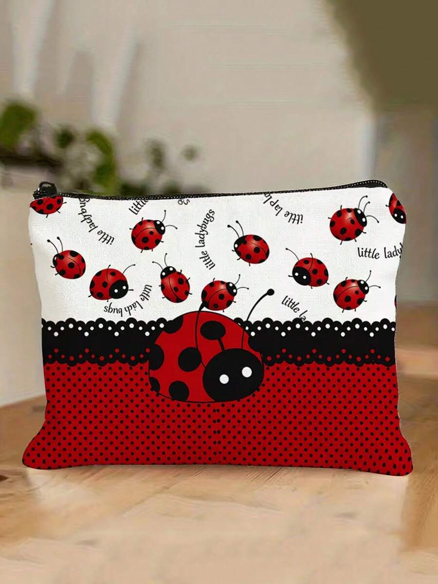 3pcs/1pc Ladybug Print Makeup Bag, Zipper Linen Material, Ladybug Pattern, Suitable For Home Daily Use, Gift, Business Trip And Leisure Travel - Multicolor - View 1