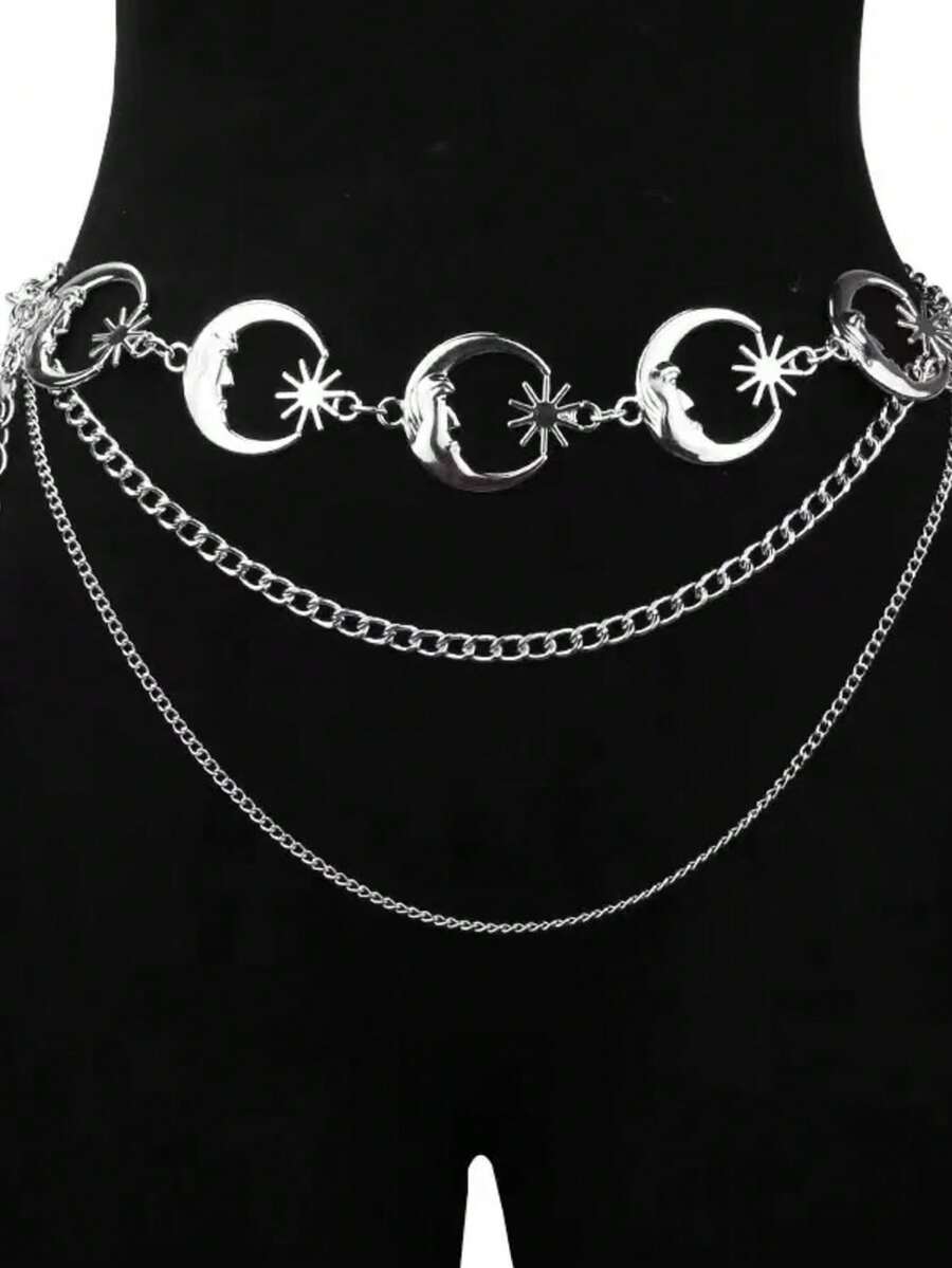 1pc Women's Street Punk Multi-Layer Moon Waist Chain, Suitable For Daily Matching With Dresses And Jeans - Silver - View 1