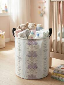 1pc Bow Pattern Printed Large Capacity Foldable Round Storage Basket With Handle, Multi-Purpose Storage Basket For Nursery, Baby Diaper, Clothes, Toys And Other Accessories - Multicolor - View 24