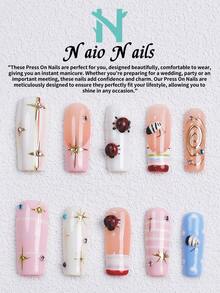 NAIO 10入/組手工穿戴式假指甲，3種尺寸：棺材型/杏仁型/短方型甲片，Y2K辣妹風，裸色/白色/粉色法式邊緣，金色，3D瓢蟲與水鑽裝飾，奶油質感，適合女性與女孩，派對與日常佩戴，含工具組，禮物與美甲用品 - 彩色 - 查看 19