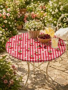 1 buah Taplak Meja Bundar Elastis Motif Cherry & Gingham Musim Panas, Penutup Meja Kain Elastis Kotak-kotak Merah, Pelindung Anti Selip yang Dapat Digunakan Kembali untuk Piknik Luar Ruangan, BBQ Halaman Belakang, Balkon, Dapur & Ruang Makan, Dekorasi Musim Panas Retro yang Lucu - MultiWarna - View 9