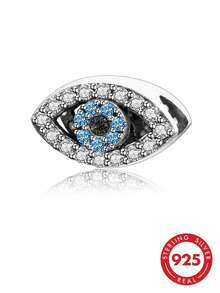 HuooNew 1pc 925 Sterling Silver Evil Eye Pendant Bead, Sparkling Blue & Clear Cubic Zirconia Protective Amulet, Compatible With European Bracelets, Good Luck Jewelry Gift - Silver - View 2