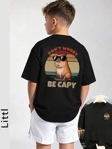 Children's Retro Style Capybara Pattern T-Shirt, Fun Slogan Print Casual Short Sleeve Summer Top - Black - View 8