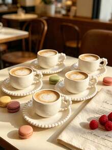 6 Sets / 1 Set 90ml (Approx. 3oz) French Vintage Style Pearl Rim Ceramic Cup And Saucer Set, Minimalist Aesthetic Drinkware Suitable For Home Cafe Use, Espresso Cup For Afternoon Tea, Mother's Day Gift, Graduation Gift, Summer Kitchen Essential, Birthday Decoration, Kitchen, Espresso Cup And Saucer Set, Coffee Cup Set, Tea Cup Set - Multicolor - View 11