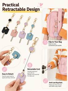 1pc Cute Faux Leather Retractable Keychain, For Women, 11.81 Inch Stretchable Key Ring With Gold Buckle, Suitable For ID Badge, Car Keys And Handbag - Multicolor - View 6