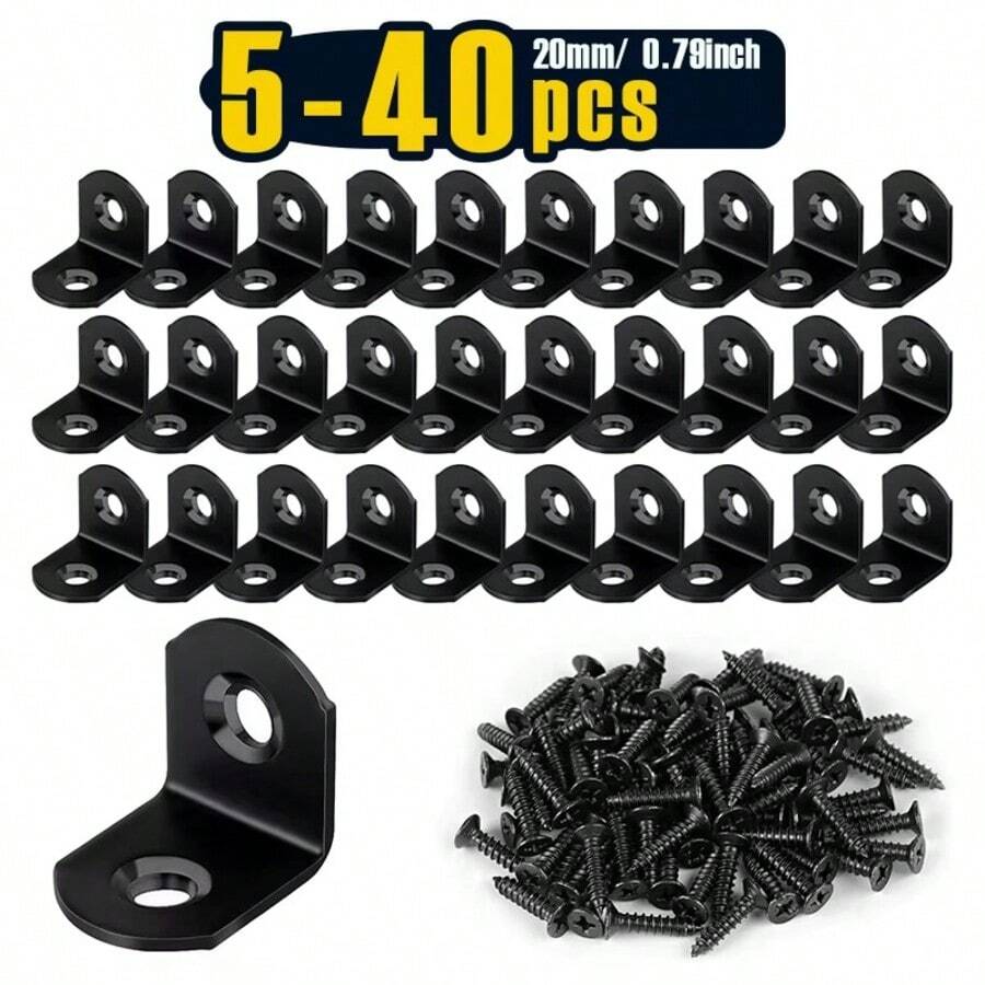 5/24/40pcs Black Stainless Steel L-Shaped Corner Bracket Set, 90 Degree Right Angle Bracket, Includes 10/48/80pcs Screws - A - View 1