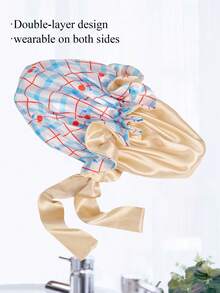 Gorro de dormir de satén de doble capa con bloques de color, gorro para peluca - Sombrero de satén a cuadros cereza con lazo - Ver 4