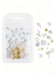 50件/包 混合炫彩海洋主题美甲装饰品 - 贝壳、海星、珍珠、金属环、DIY美甲配件 - 彩色 - 查看 2