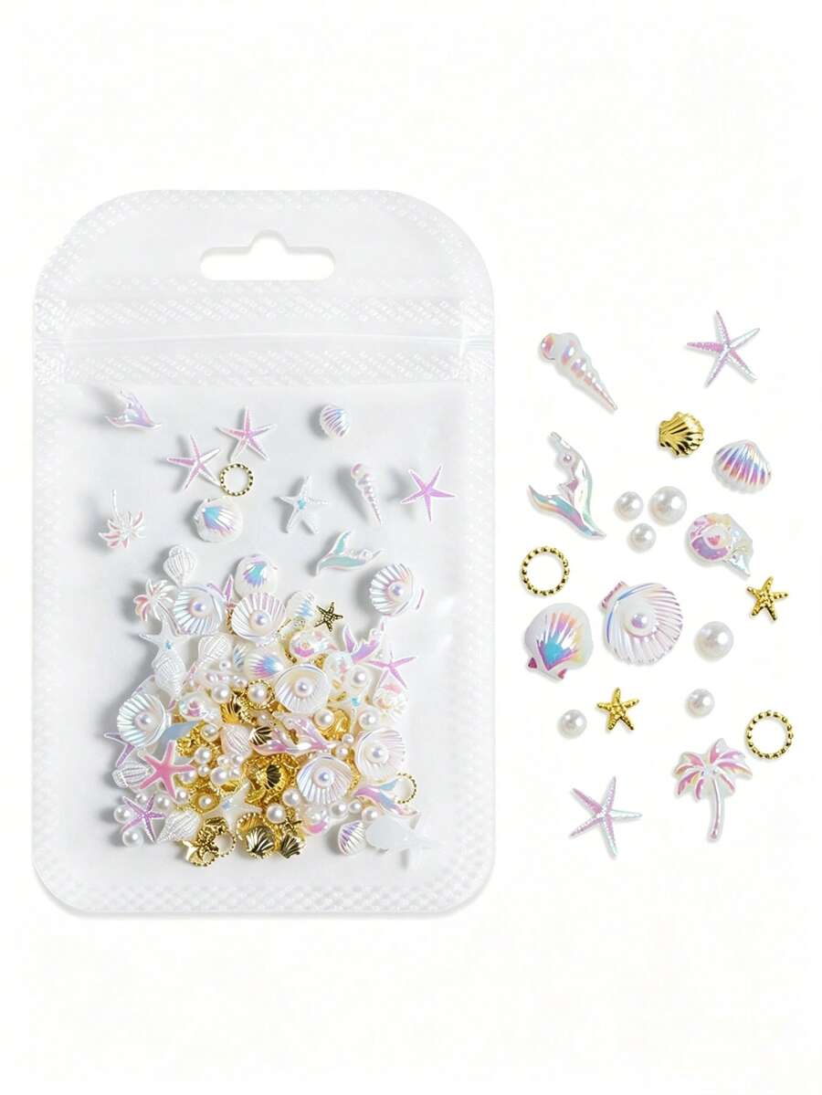 50件/包 混合炫彩海洋主题美甲装饰品 - 贝壳、海星、珍珠、金属环、DIY美甲配件