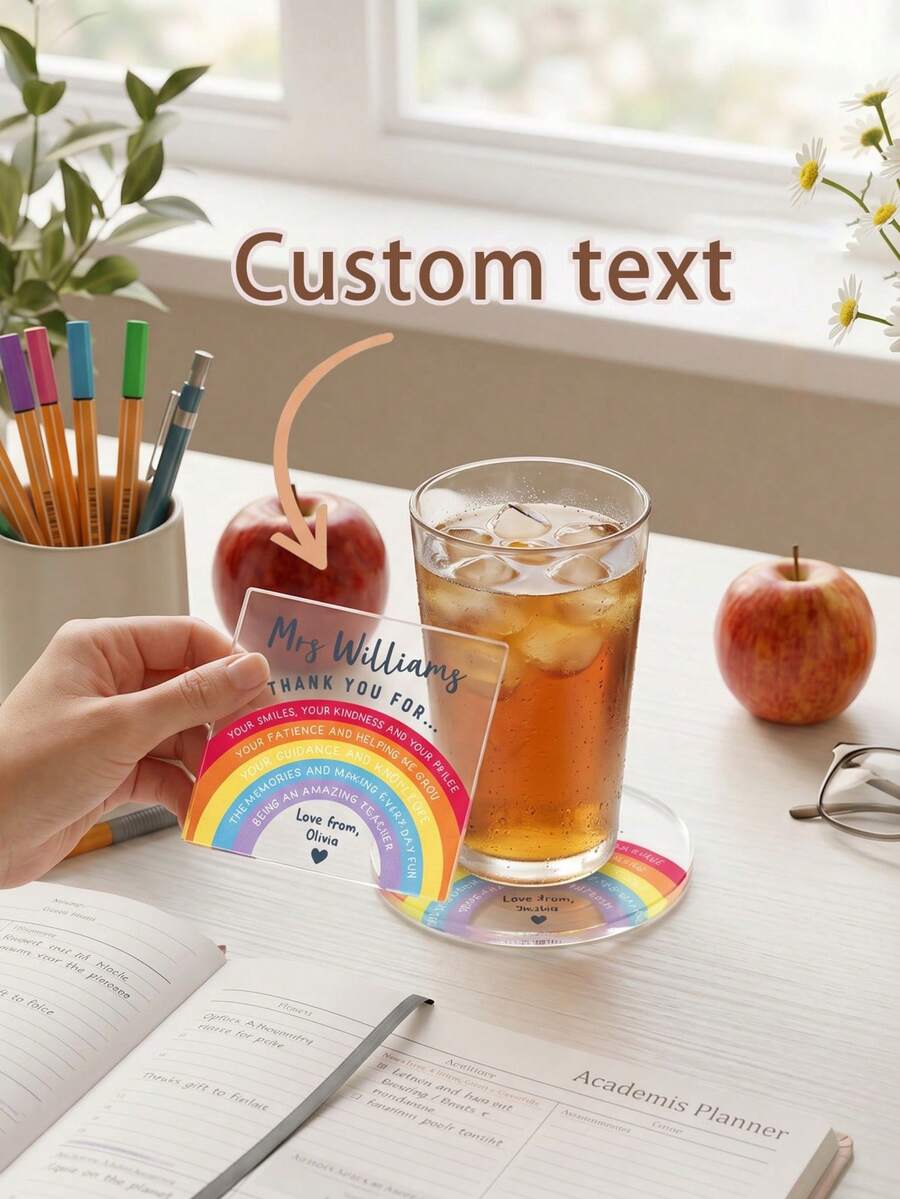1pc Personalised Thank You Teacher Gift, Custom Text,Rainbow Coaster,Perfect Gift For Back To School,Teachers And Coworkers - Multicolor - View 1
