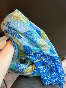 1pc New Sweet Heart Tassel Scarf For Women, Spring/Summer Thin Sun Protection Travel Beach Scarf, Air-Conditioned Room Shawl - Blue - View 4