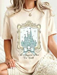 Women's Casual Summer T-Shirt, Graphic Print T-Shirts, Coquette Magic Castle T-Shirt, The Happiest Place On Earth T-Shirt, Birthday Gift, Durable Pure Cotton Vintage T-Shirt - 白色 - 查看 1