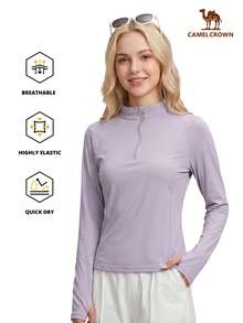 CAMEL CROWN Women's Outdoor Sports Quick-Dry Long Sleeve T-Shirt, Elastic Short Sleeve Fitness Running Yoga Top - Waffle Purple - View 2