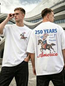USA 250 Years Of America Cowboy And Horse Graphic T-Shirt, Patriotic With Faith, Family And Freedom, 4th Of July Front And Back Print, Men's Casual Cotton T-Shirt - 白色 - 查看 1